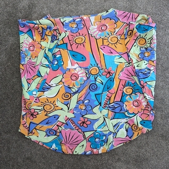 LULU-B floral bird print sequin cotton multicolor Tshirt batwing size Small - Picture 10 of 11